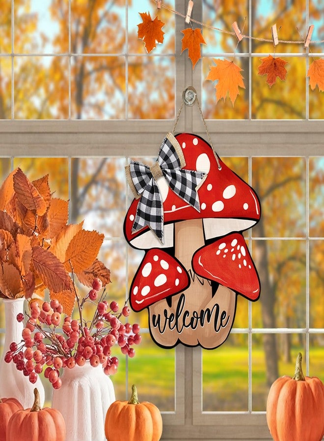 Deroro Welcome Fall Mushroom Sign for Front Door Decor, Autumn Buffalo Plaid Check Bow Wood Door Hanger for Outdoor Outside Porch, Seasonal Wooden Wreath Indoor Wall Hanging Decoration - Image 5